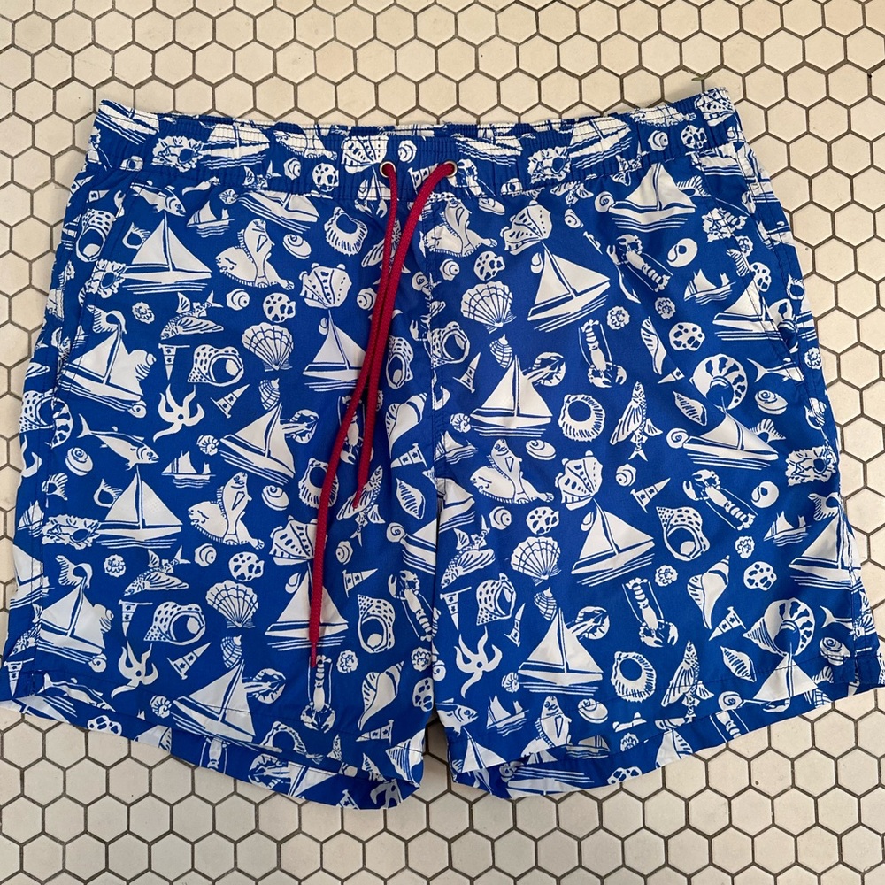 J. Crew Men’s 6” Swim Trunks Blue and White Nautical